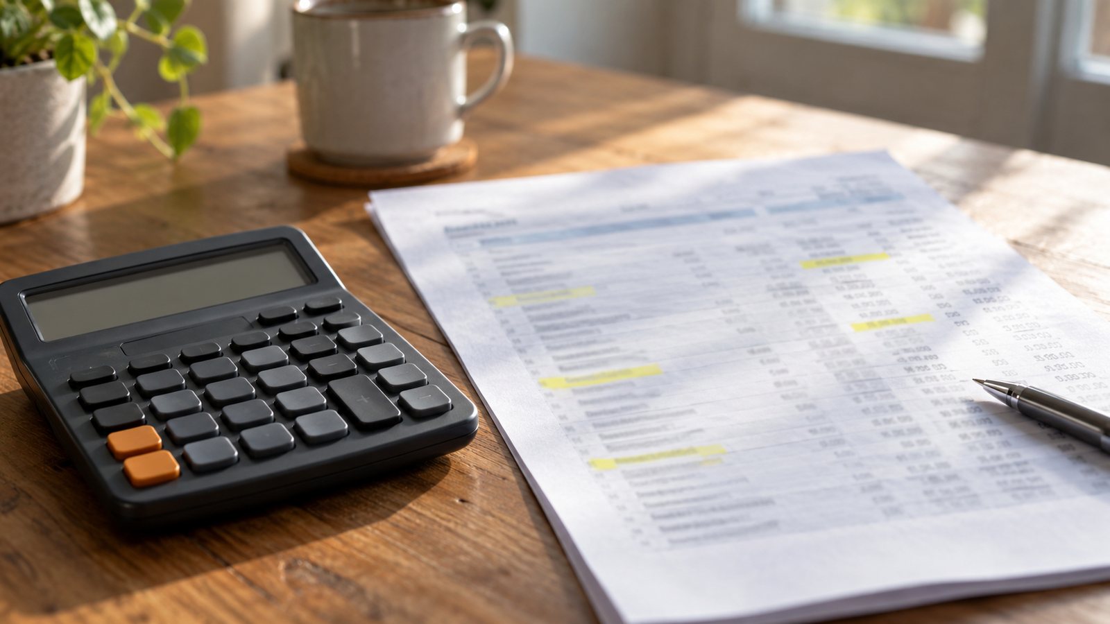 Calculator and notepad with interest math (illustrative)