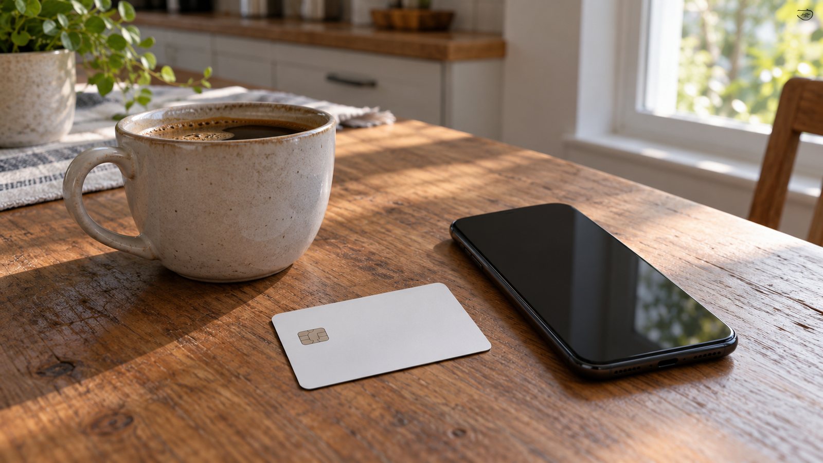 Debit card and phone banking app on a desk (illustrative)